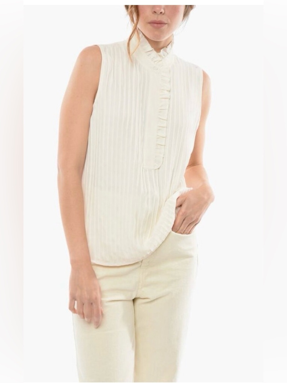 Tory Burch Ivory Sleeveless Ruffled Blouse